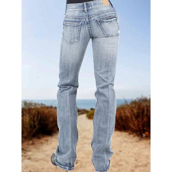 Women Bootcut Jeans Embroidered Wash High-Waist Denim Pants Large - Picture 3 of 5